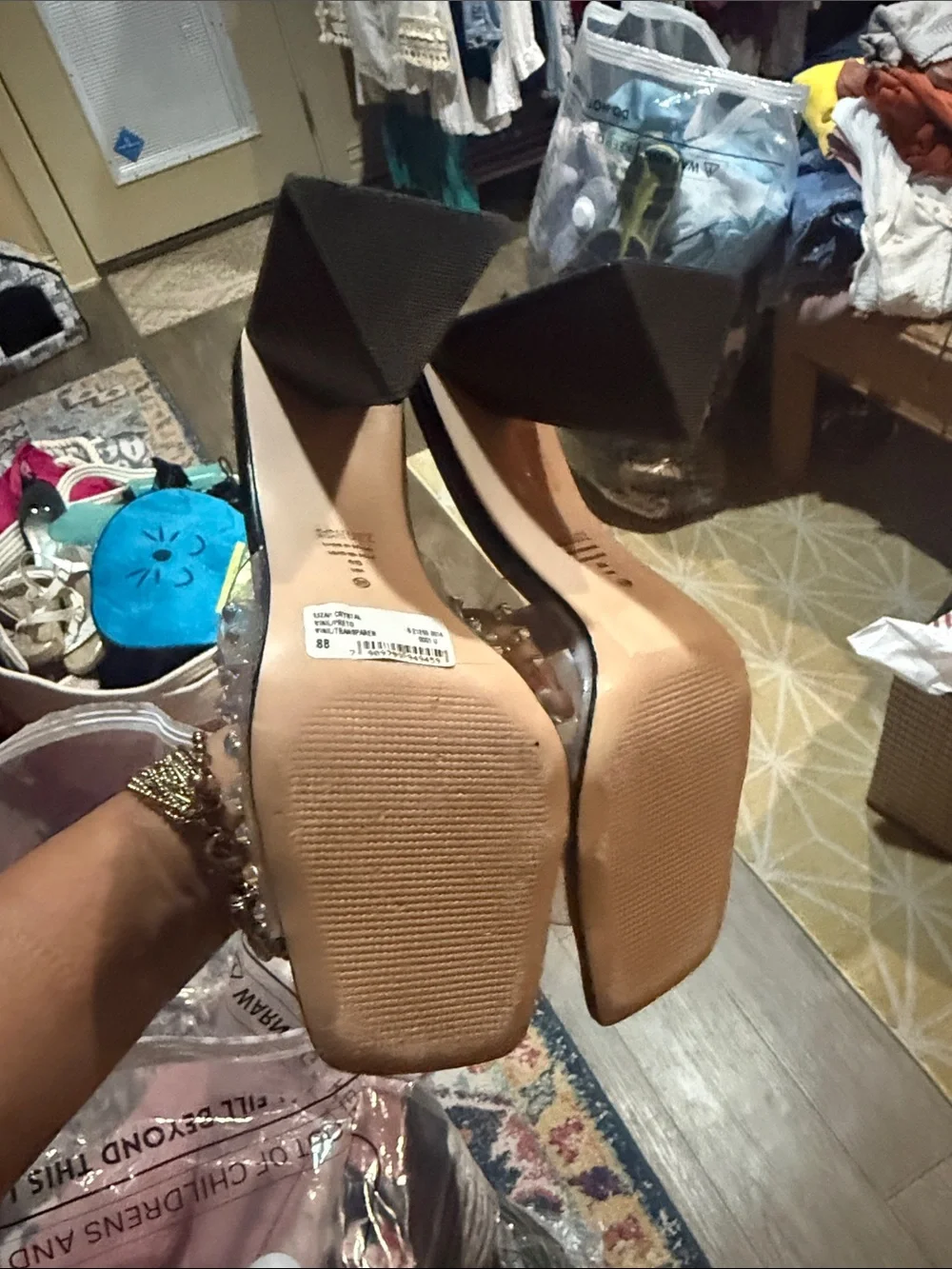 SCHUTZ Black Heeled Mules with Iridescent Gem Accents